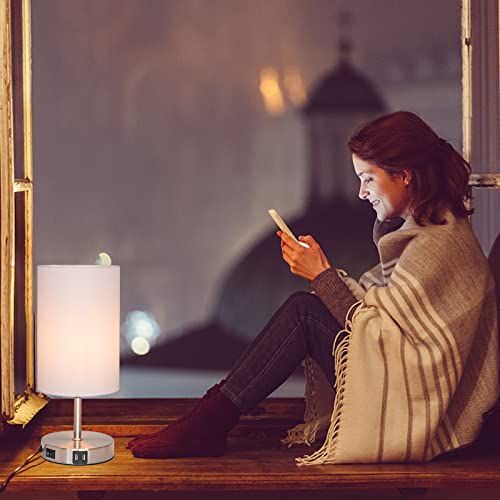 Minghe Bedside Table Lamp,With 2 Usb Ports,Nickel Plated Charger Base With White Tc Cloth Shade,On/Off Switch, Modern Desk Lamp For Bedroom, Living Room,Office,Led Bulb Included (Pack Of 2) #TOP5