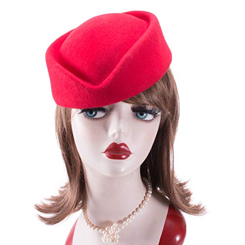 Wool Stewardess Air Hostesses Pillbox Hat Millinery Teardrop Fascinator Base A040 (Red)
