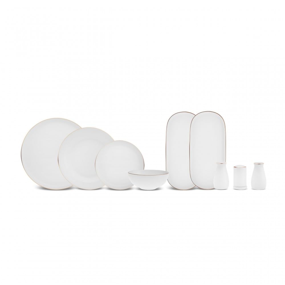 Karaca Stream Bone China Favaro 53-Piece Dinner Set for 12 People, Elegant White & Gold Bone China Tableware, Includes Dinner Plates, Bowls & Serving Pieces, Gold