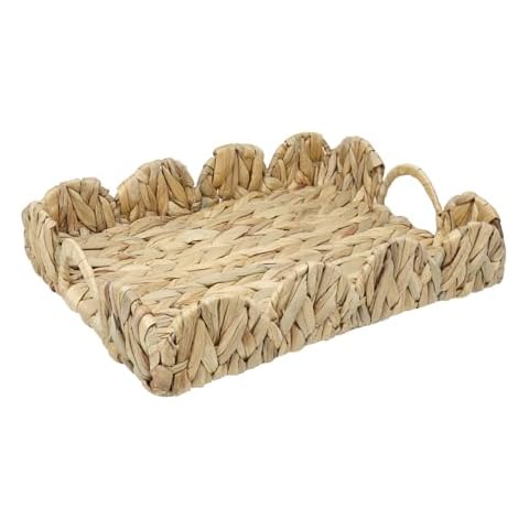FRTIM Rattan Rectangle Decorative Serving Tray with Scalloped Edge and Handles for Coffee Table, Natural Water Hyacinth Handwoven Tray Cover