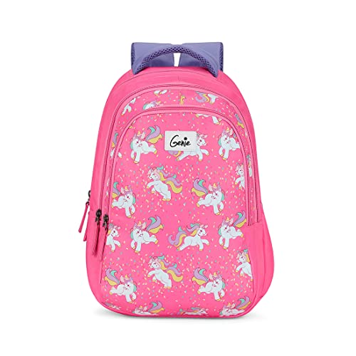 Genie Unicorn School Backpack for Girls |17 In-27 Ltr with Three Compartments, Side Pockets and Light Weight with Padded Shoulders |Best for Books,Stationery, Lunch Box & Essentials - Pink