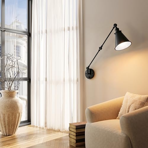 Image of Plug in Wall Sconces Set of Two, Black Swing Arm Wall Lamp with 6.6FT Plug-in Cord and Knob Switch, Metal Wall Lights for Bedroom, Reading, Study Room, Office, Living Room (2 Pack)