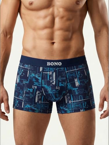 Image of BONO Mens Trunks Pack of 2 Cotton Underwear Breathable Printed Anti-Bacterial Underwear Men Trunk with No Marks Nylon Buffed Stretchable Waistband