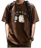 [BUTMYJ] 夏服 メンズ tシャツ 半袖 猫 プリント 綿100% 柔らかい カジュアル ゆったりスポーツ 丸襟 快適 五分袖 大きい サイズ Tシャツメンズ 服 -Brown-2XL