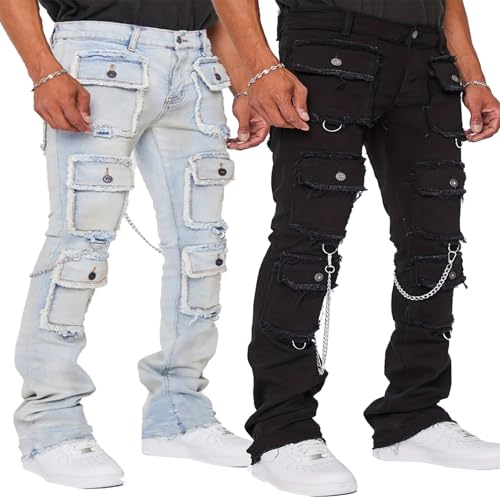 Men's Slim Fit Stretch Jeans Street Hip-Hop Leggings Pants with Multi Pockets Casual Trousers4