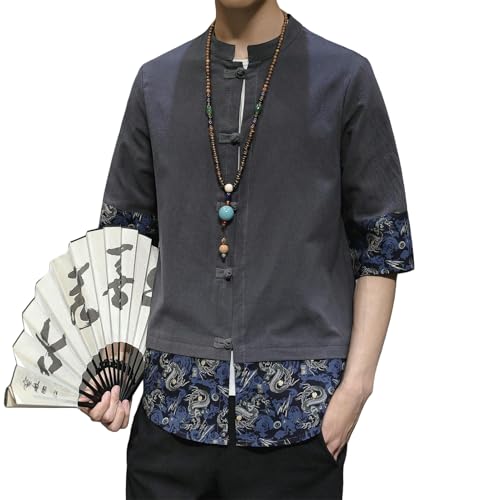 Chemise col montant en coton et lin pour homme au style décontracté