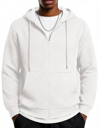 COOFANDY Hoodie Sweatshirts For Men Zip Up Casual Hoodies Drawstring Fashion Sweatshirt With Pocket, White, Medium