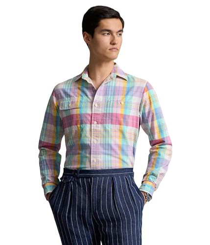 Image of POLO RALPH LAUREN Men's Classic Fit Plaid Oxford Shirt Pink /Seafoam Multi Medium