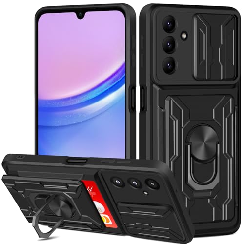Aolcev for Samsung A15 Phone Case with Card Holder Wallet Case with Camera Cover Ring Kickstand Heavy Duty Hard PC Soft TPU Bumper Armor Shockproof Protective Case Cover for Samsung Galaxy A15-Black