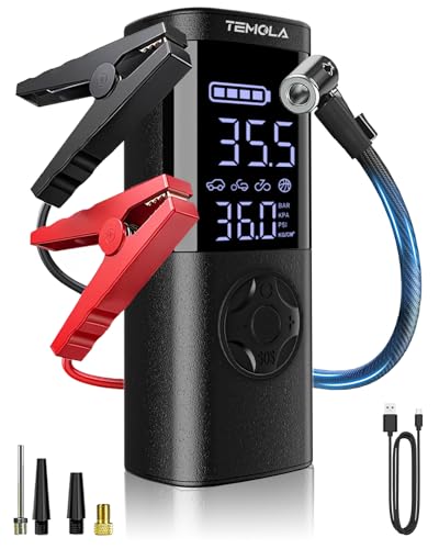 Image of TEMOLA Car Jump Starter with Air Compressor - Portable Battery Booster Pack (150PSI Tire Inflator), 12V Jump Starter Battery Pack with LCD Screen, Smart Clamps & LED Light for Cars, Trucks, SUVs