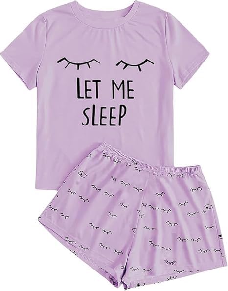 Haloumoning Mädchen Schlafanzüge Sommer Niedliche Shorts Set Bequem Kurzarm Cartoon bedrucktes Pyjama Set T-Shirt und Kurze Hose Set Lila 12-14 Jahre