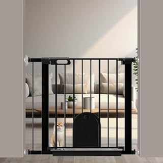 Fairy Baby ベビーゲート ペットドア付き 取付幅75-89CM 猫 犬 ゲート 高さ76cm ベビーフェンス 突っ張り式 ダブルロック 自動閉鎖 両開き扉 赤ちゃんゲート ベビーガード 玄関 階段 拡張フレーム付き ブラック