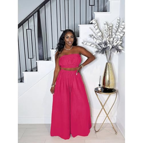 Image of Two Piece Sets for Women Summer Outfits Crop Tops and Wide Leg Pants Sets Sexy Jumpsuits Vacation Outfits with Pockets