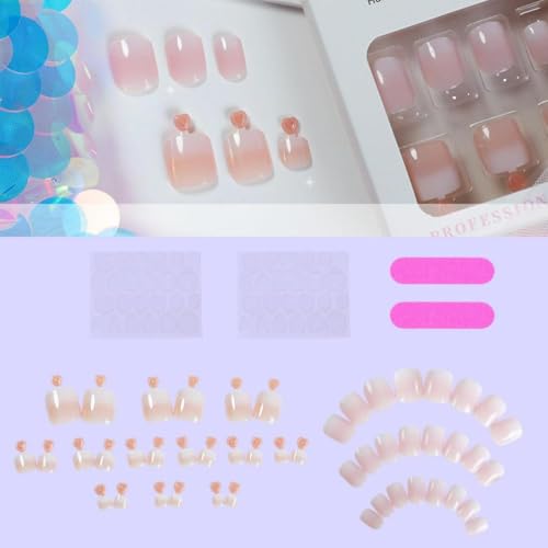 Image of 48 Pcs Ombre Press on Nails & Press on Toenails Set Short Square False Nail Glossy Full Cover Fake Nails Pink White Glue on Nail Artificial Acrylic Stick on Toe Nail for Women Summer Manicure