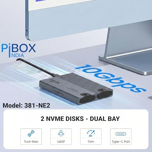 Image of NVME M2 Enclosure Dual, PiBOX India NVMe SSD Enclosure - USB 3.2 10Gbps, Tool-Free M.2 NVMe Case, PCI-E NVMe Reader, USB-C, Supports M & B&M Keys, 2230 /2242 /2260 /2280 SSDs, REALTEK RTL9210 Chipset