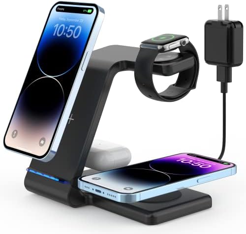 Charging Station for Multiple Devices Apple, 4 in 1 Wireless Charger Station, with Qi-Certified 30W Charging Dock for Apple Watch 7 6 SE 5 4 3, iPhone 14 13 12 11 Pro, Pro Max, Mini, AirPods Pro 3, 2