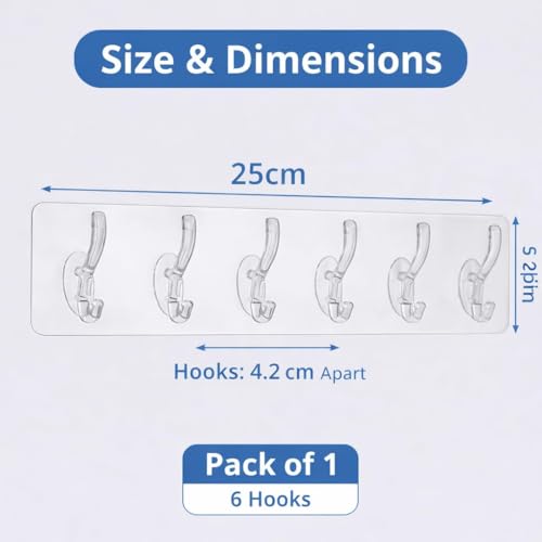 Image of Self Adhesive Hooks for Wall Heavy Duty - 10kg Load Capacity Waterproof Transparent Wall Hooks for Hanging - No Drilling Nail (ProHold Hoo (6 Hook Strip Pack 2)
