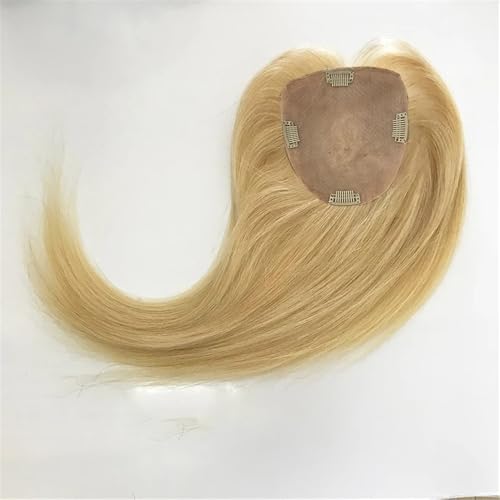 Topper na włosy ludzkie blond dla kobiet z przerzedzonymi włosami, jedwabna podstawa z klipsem o gęstości 130 cm w prostych treskach Remy (16 cali, 13 x 12 cm)