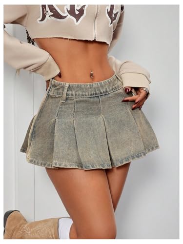 Floerns Women's Pleated A Line Mini Denim Skirt Low Waist Party Concert Jean Skirts4