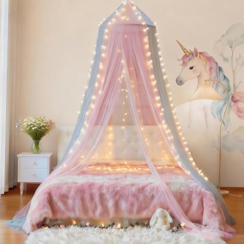 Image of Two-Tone Bed Canopy Mosquito Net, Bed Canopy for Girls Room Decor - Insect Protection Hanging Canopy for Indoor(Pink+Grey)