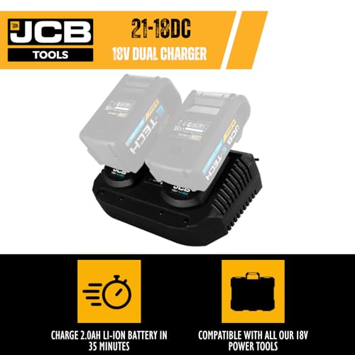 JCB 18V Dual Charger, Compatible with JCB Power Tools 18v Lithium-ion Batteries, Combi Drill, Drill Driver and More, with Red & Green LED Indicators, 3 Year Warranty - Image 2