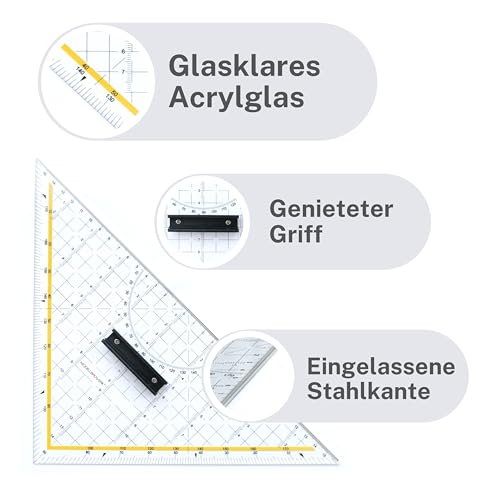 !!-Präzision aus Acrylglas und Edelstahl-!! Sehr hochwertiges 325mm-Schneidedreieck aus transparentem, dicken Acrylglas und mit einer massiven Stahlkante von Modellbauwerk®, Geodreieck