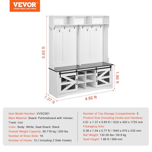 VEVOR Hall Tree Entryway Bench, LED Coat Rack with Shoe Storage, 59" Wide Mudroom Bench with Storage and Seating, Adjustable Shelves and 12 Hanging Hooks, for Mudroom, Entryway, Hallway by VEVOR - Image 7