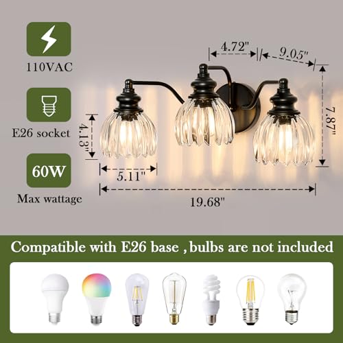Image of Piepooye Modern Bathroom Light Fixtures 3 Lights Black Vanity Light with Glass LampShade E26 Bulb Indoor Vanity Light Over Mirror for Bedroom Farmhouse Kitchen
