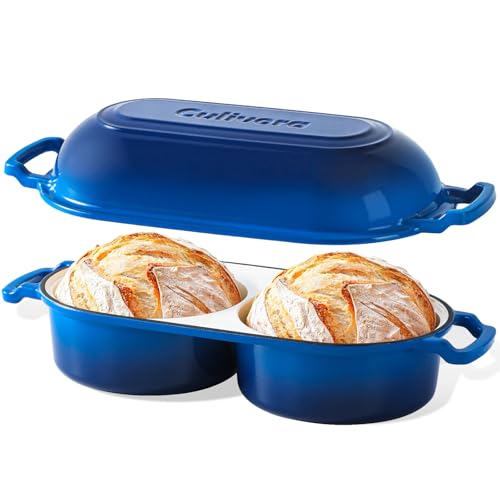 Cast Iron Bread Pan with Lid, Enamel Sourdough Baking Dutch Oven Pot, Double Round Loaf Space for Homemade, Bread, Cake, Meatloaf, 16.5cm Diameter, 500&deg;F Oven Safe, Non Stick, Blue