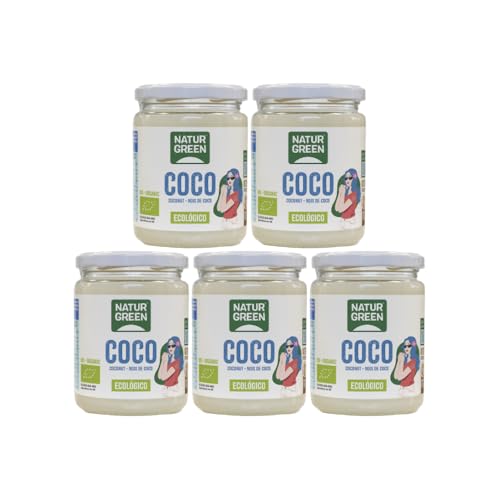 NaturGreen   Grasa de Coco Ecológico, 430 ml / 400 Gramos (5 unidades), Envase Vidrio, Ideal para Cocinar, Hidrata Piel y Cabello, Ingredientes Naturales, Apto para Veganos