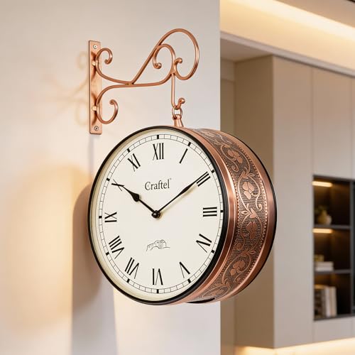 Image of CRAFTEL Double Sided Station Wall Clock Multi-Layer Electroplated | Both Side Roman Numerals | Aluminum Matte-Finish Dial Brass Body | Dial - 12 Inches, Rose Gold | 365 Days Warranty