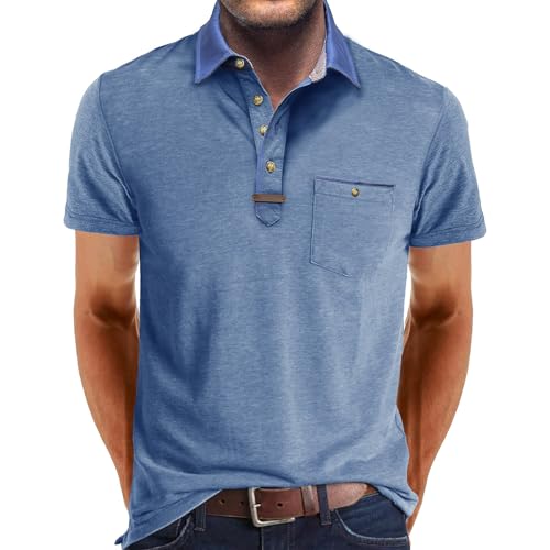Golf Polo Shirts for Men Shirts for Men UK Short Sleeve Shirts Men Mens Short Sleeve Polo Shirts Casual Solid Color Golf Shirts with Pocket Breathable Work Top 02-Light Blue 3XL