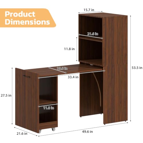 Image of Zevemomo Folding Desk, Convertible Table with Shelves & Wheels - Walnut | Folding Desk with Storage, Craft Cabinet with Fold Out Table, Compact Computer Desk for Small Space, Reversible L Shaped Desk