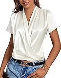 LYANER Women's Satin Silk Wrap V Neck Draped Short Sleeve Elegant Office Blouse Top White Small