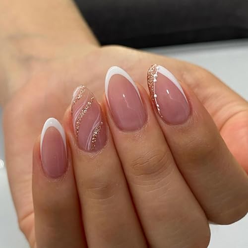 French Press On Nails Short Almond, Nude Fake Nails with White French...