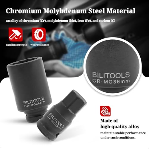BILITOOLS 12 Point Axle Nut Socket Set, 1/2" Drive Spindle Axle Nut Impact Deep Socket Set 14mm 17mm 19mm 30mm 32mm 34mm 35mm 36mm