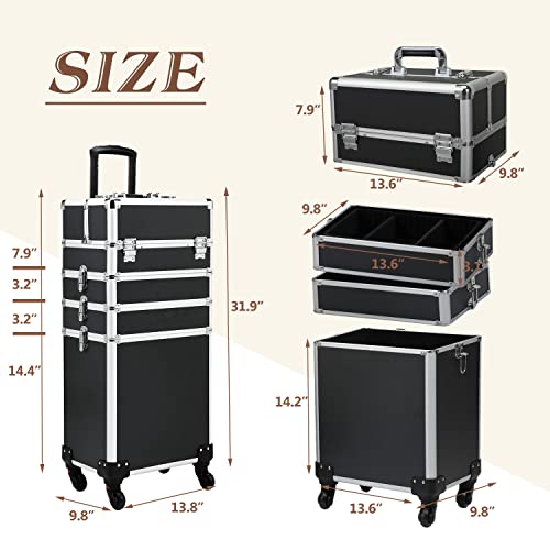 Pennynana Trolley Makeup Case- Aluminum Professional Train Case Cosmetics Organizer Storage, 4 In 1 Makeup Box With 4 Removable 360° Rolling Wheels, Black … #TOP2