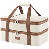Lifewit Double Decker Insulated Casserole Carrier for Hot or Cold Food, Casserole Dish with Lid and Carrying Case, Lasagna Holder for Potluck Parties/Picnic/Cookouts, Fits 9"x13" Baking Dish, Beige