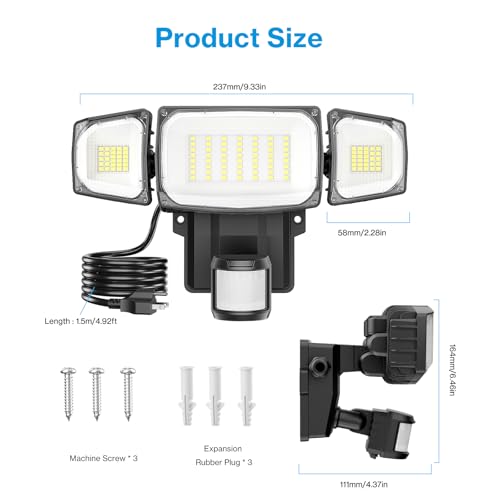 Olafus 70W Motion Sensor Outdoor Light Plug in, Motion Flood Light Dusk to Dawn, 7000LM LED Security Light IP65 Waterproof, Motion Activated 6500K PIR Sensor Lighting for Garage Yard Patio Eave, Black by Olafus - Image 8
