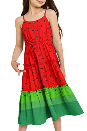 Enlifety Little Girls Watermelon Dresses Casual Sleeveless Spaghetti Strap Button Knee Length Red Green Dress 6-7T #TOP12