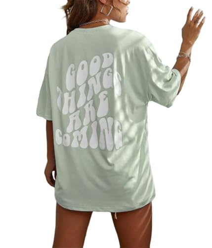 Tomwell T-Shirt Damen Kurzarm Sport Sommer Oberteile Oversize Tshirt mit Buchstaben Muster Lose Rundhals Rückendruck Bluse Teenager Mädchen Tunika Lang Top D Grün L