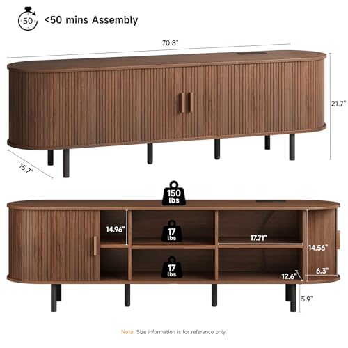 Image of ONBRILL 70.8 inch TV Stand with Power Outlet for TVs up to 75 Inch, Entertainment Center with Storage and Adjustable Shelves, Modern Media Console with Sliding Doors for Living Room, Walnut