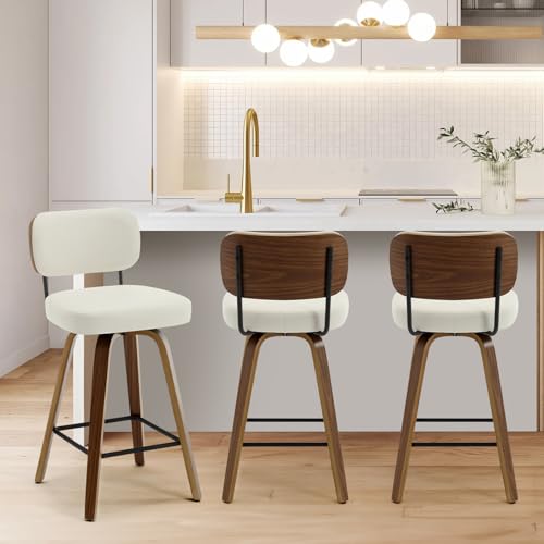 Image of Bekrvio Swivel Bar Stools Set of 3, 65CM Upholstered Faux Leather Barstools with Back and Bent Wood Legs, Mid Century Modern Bar Chair Island Stool for Kitchen Counter, Cream White