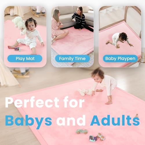 Image of 1.3 inch Thick Baby Floor Play Mat, 50x74 Padded Foam Tummy Time Crawling Mat, Non-Slip Water-Repellent Soft Plush Nursey Area Rug for Playroom Bedroom Living Room (Pink)