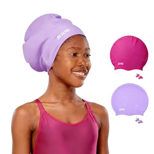 Kids Extra Large Swim Cap for Long Hair Swimming Caps for Boys Girls Youth Big Swim Hat for Long Thick Curly Hair & Dreadlocks Braids Weaves Afro Hairstyle (Purple&Rose Extra Large)