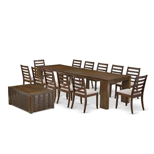 Image of X12X1-0C8-04 - 14-Pc Mid Century Dining Set includes 1 Rectangle Kitchen Table, 1 Coffee Table, 12 Stackable Polyester Fabric Dining Chairs, 39x120 Inch, Antique Walnut