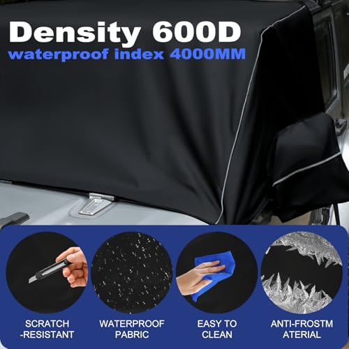 Image of Windshield & Front Side Window Snow Cover Compatible wirh Jeep Wrangle JK 07-18, 600D Oxford Cloth Windshield Cover with Mirror Cover for Sun, Rain, Snow, Sand, Dust, Leaves, Branches Protector