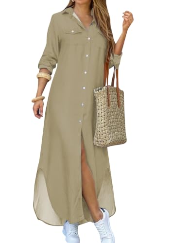 Image of YMING Women's Long Sleeve Button Down Shirt Dress Spring Casual Maxi Dresses Loose Fit Blouse Dress with Pockets