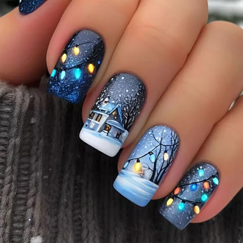 Christmas Press on Nails Short Square Fake Nails with Winter Snow House Design Blue Glue on Nails Xmas Lantern Stick on Nail Snowflake Holiday False Nail for Women Manicure 24Pcs