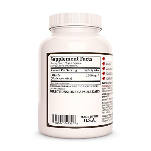 Remedy's Nutrition Alfalfa (Medicago Sativa) Mega Strength 1,000 Mg Per Capsule/60,000 Mg Per Bottle Vegan Vcaps #TOP1